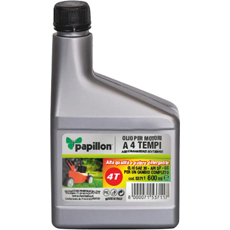 Papillon Olio Motore 4 Tempi SAE 30 API SF – Flacone 600 ml – Per Tosaerba, Trattorini, Motozappe e Attrezzi da Giardino