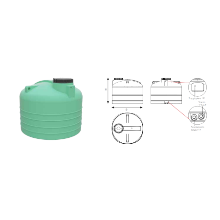 Serbatoio Telcom PAN 2000 litri orizzontale in polietilene con coperchio e raccordi