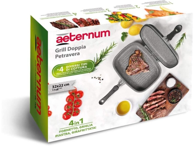 Aeternum Double Grill Petravera 32x24 Cm, Piastra E Fornetto 4 In 1 In Alluminio Per Cucina E BBQ