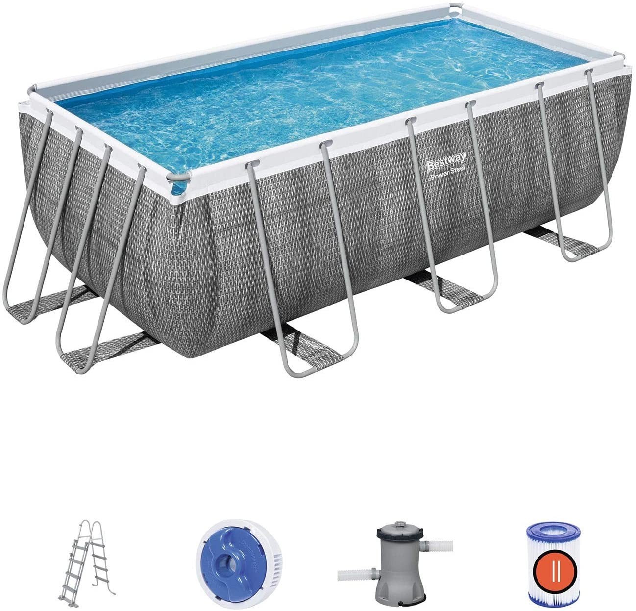 Bestway Piscina fuoriterra Rettangolare Modello Power Steel Frame Metri di Colore Rattan Grigio Scuro, Metri 4,12x2,01x1,22, cap
