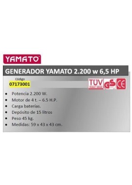 YAMATO 7173001 GENERATORE YAMATO 2200 W 6,5 HP 4T