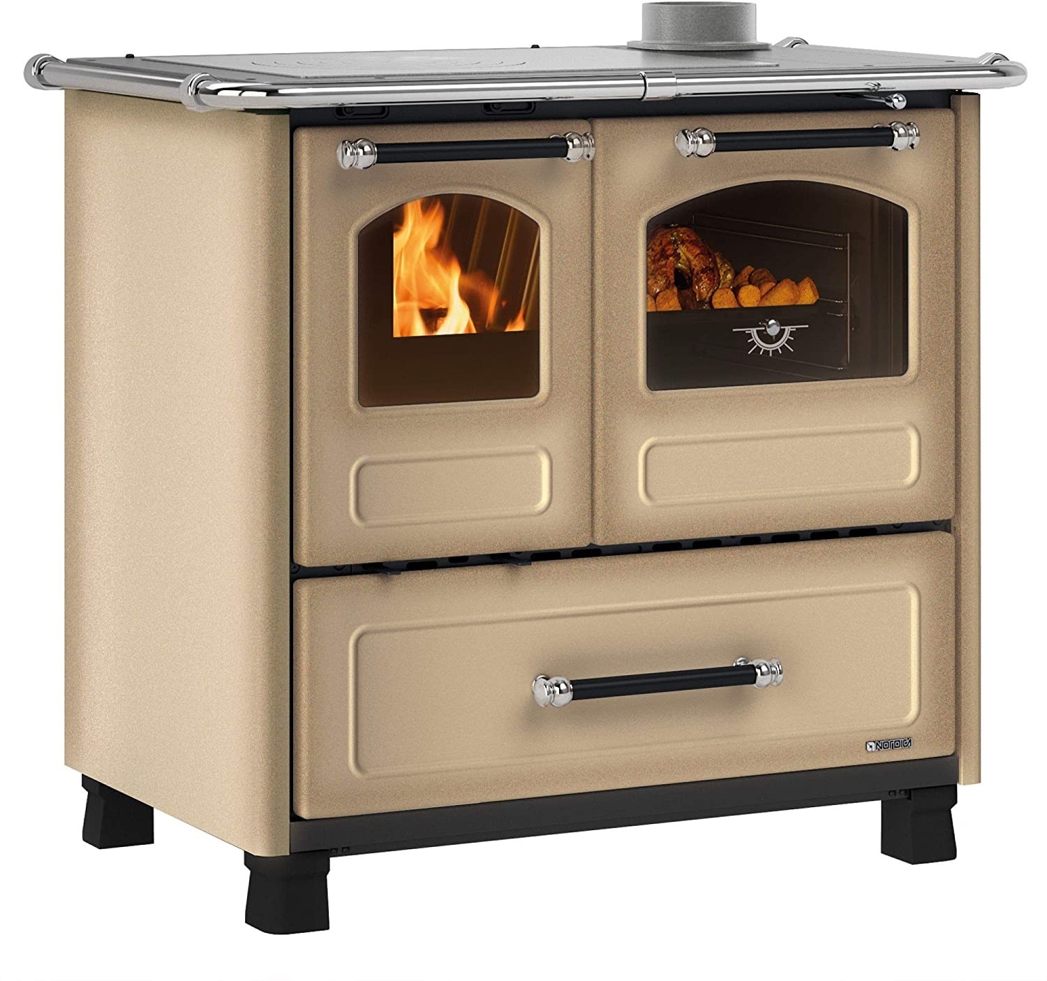 Nordica FAMILY 4,5 Dx Rivestimento esterno in acciaio porcellanato. Porta fuoco panoramica con doppio vetro. Forno smaltato da 4