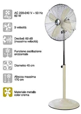 CFG Ventilatore A Piantana in Metallo Colore Crema Diametro 45 60 W Ev056 170h