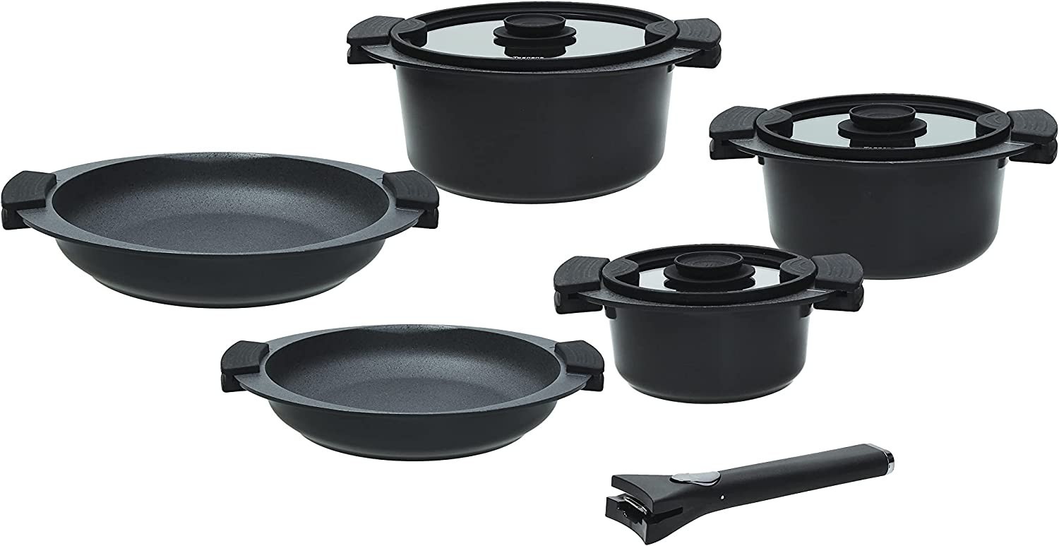 Tognana Avantspace Batteria di pentole e padelle 8 pezzi, Nero, con manico amovibile, salvaspazio