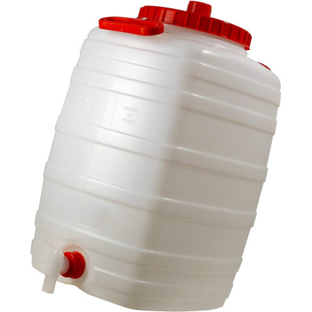 Bottiglione in plastica (HDPE), quadrato con collo largo e rubinetto, capacità 50 Lt, maniglie laterali in plastica e tappo a