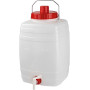Bottiglione in plastica (HDPE), quadrato con collo largo e rubinetto, capacità 10 Lt, maniglia in ferro e tappo a vite (incluso)