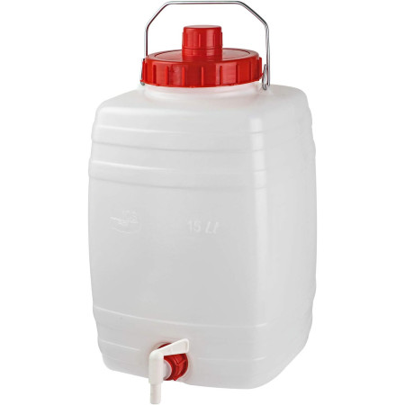 Bottiglione in plastica (HDPE), quadrato con collo largo e rubinetto, capacità 10 Lt, maniglia in ferro e tappo a vite (incluso)