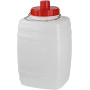 Bottiglione in plastica (HDPE), quadrato con collo largo e rubinetto, capacità 10 Lt, maniglia in ferro e tappo a vite (incluso)