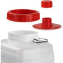 Bottiglione in plastica (HDPE), quadrato con collo largo e rubinetto, capacità 10 Lt, maniglia in ferro e tappo a vite (incluso)