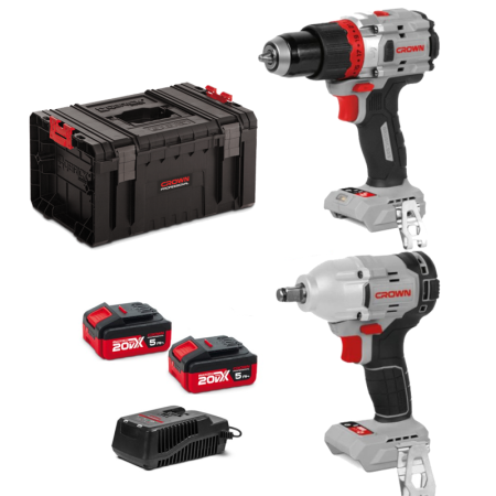 Kit Professionale Trapano CT21127HMX + Chiave a Impulsi Brushless Crown CT22050HX - 2 Batterie 20V Max incluse